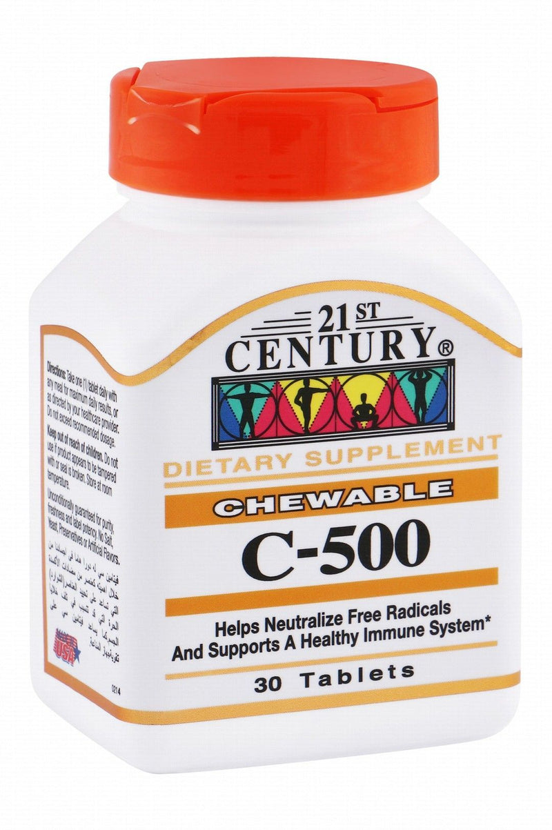 21st Century 500mg Vitamin C Chewable Supplements for Antioxidant & Immune System Support, 30 Tablets