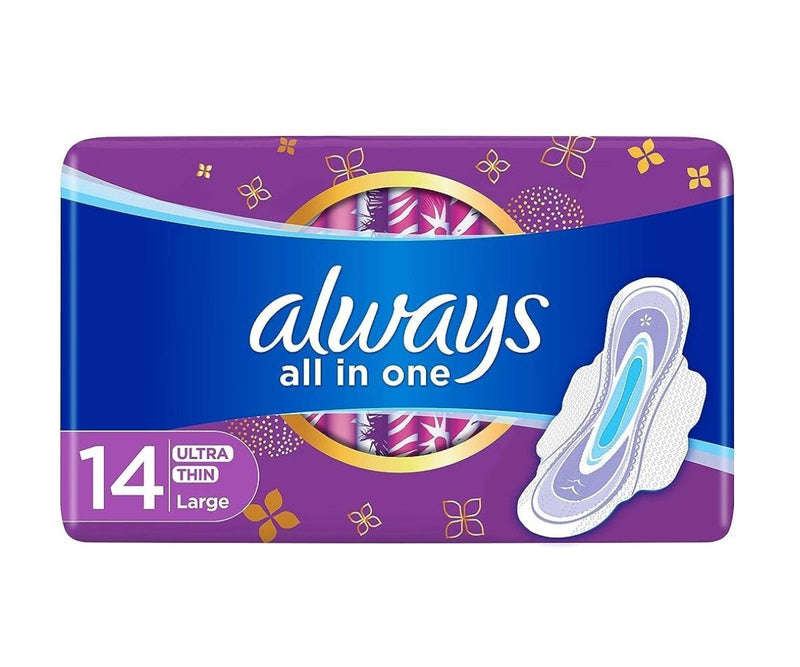 Always All in One Large Ultra Thin Pads with Wings, 14 Pieces