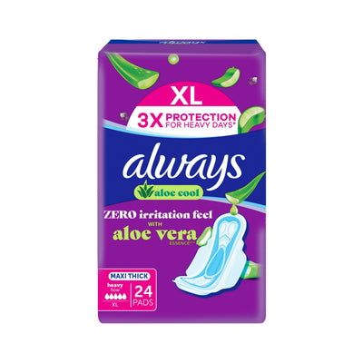 Always Aloe Cool Maxi Thick XL Pads Aloe Vera Scent with Wings, 24 Pieces