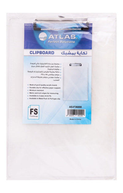 Atlas Foolscap Transparent Acrylic Clipboard, 1 Piece