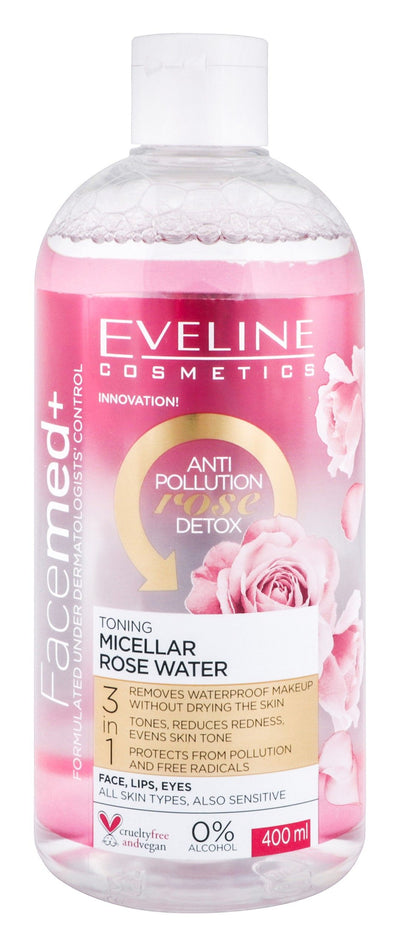 Eveline Cosmetics Facemed+ 3in1 Anti-Pollution & Toning Micellar Rose Water for All Skin Type, 400ml