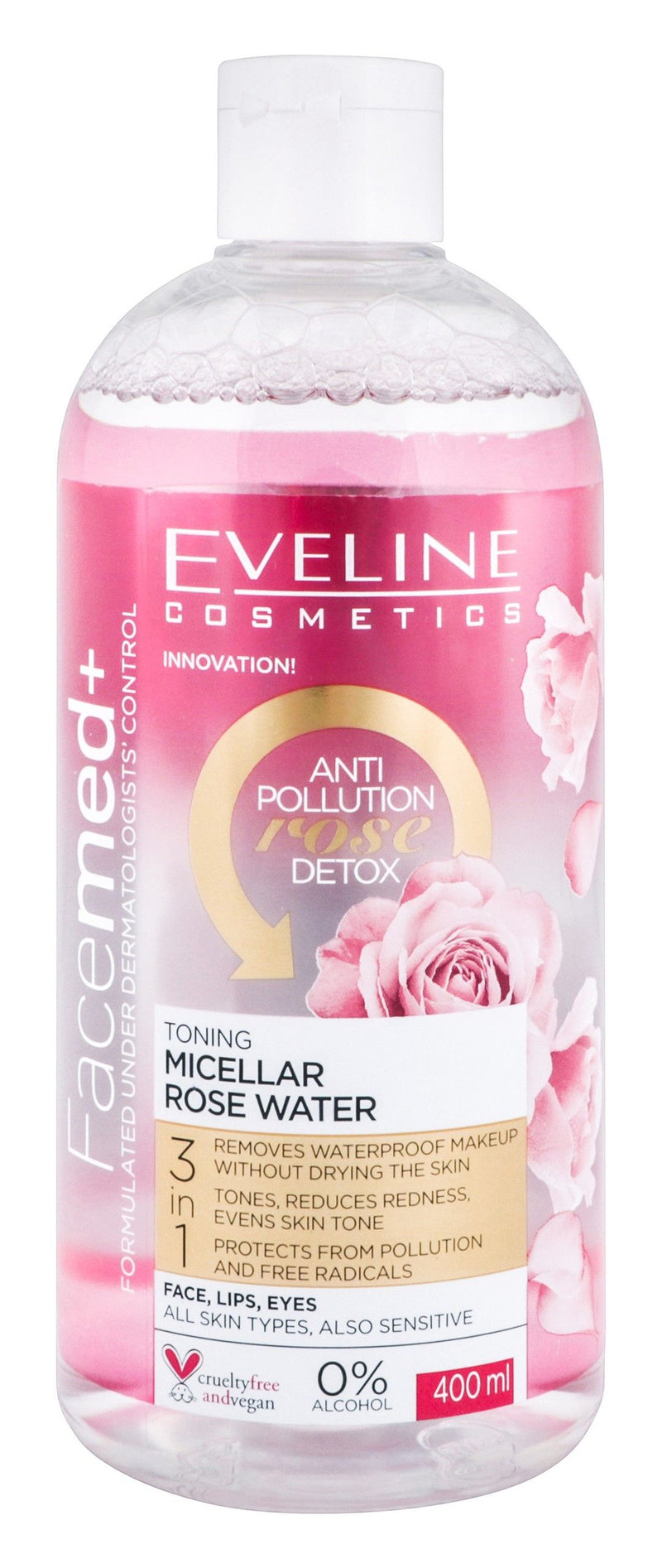Eveline Cosmetics Facemed+ 3in1 Anti-Pollution & Toning Micellar Rose Water for All Skin Type, 400ml