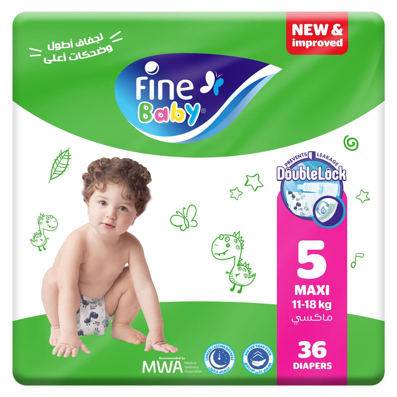 Fine Baby Diapers Size 5, Maxi (11-18kg), Double Lock, 36 Diaper