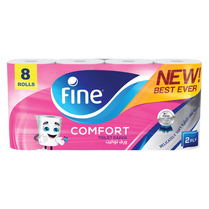 Fine Comfort Toilet Paper Tissue Roll, Sterilized Tissues for Germ Protection, 180 Sheets X 2 Ply, 8 Rolls