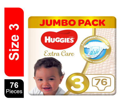 Huggies Extra Care Baby Diapers Size 3 (4-9kg), 76 Pieces