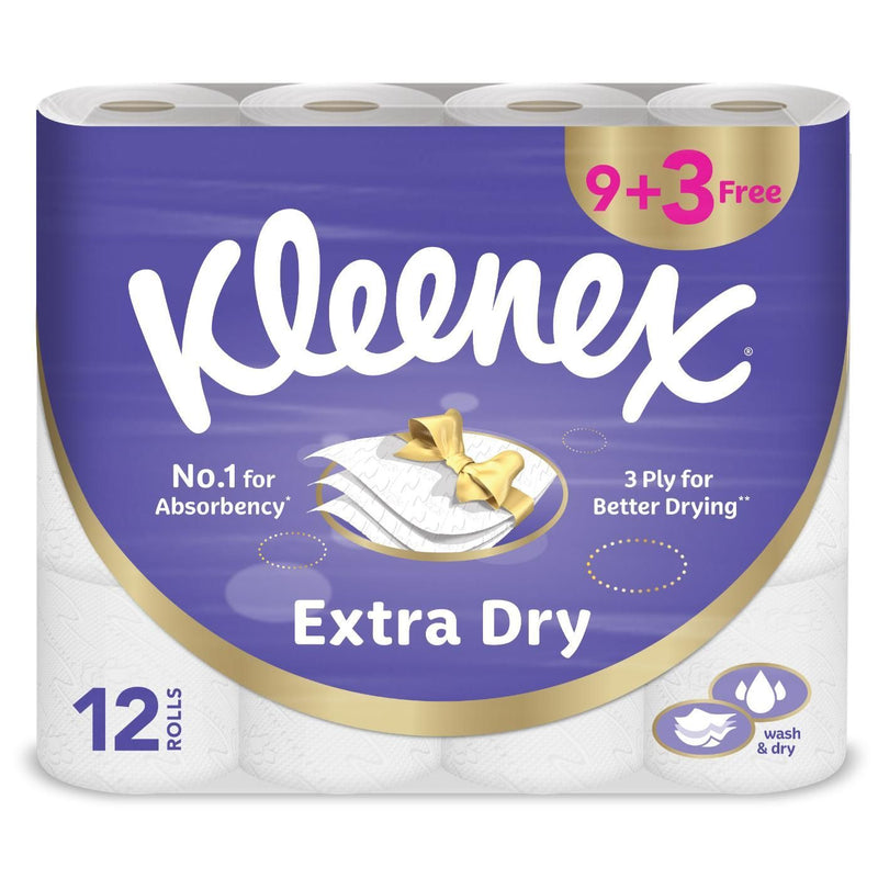 Kleenex Extra Dry Toilet Tissue Paper 3 Ply Rolls, 140 Sheets, 12 Rolls (9+3 Free)
