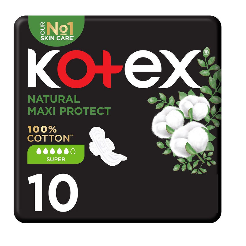 Kotex Hypoallergenic Super Maxi Protect Natural Cotton Sanitary Pads with Wings, 10 Pieces
