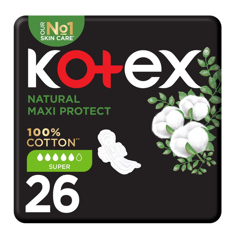 Kotex Hypoallergenic Super Maxi Protect Natural Cotton Sanitary Pads with Wings, 26 Pieces