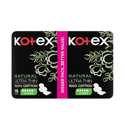 Kotex Hypoallergenic Super Ultra Thin Natural Cotton Sanitary Pads with Wings, 16 Pieces