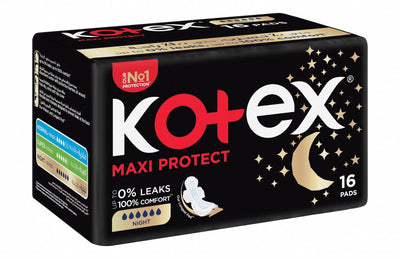 Kotex Maxi Protect Night Pads with Wings, 16 Pieces