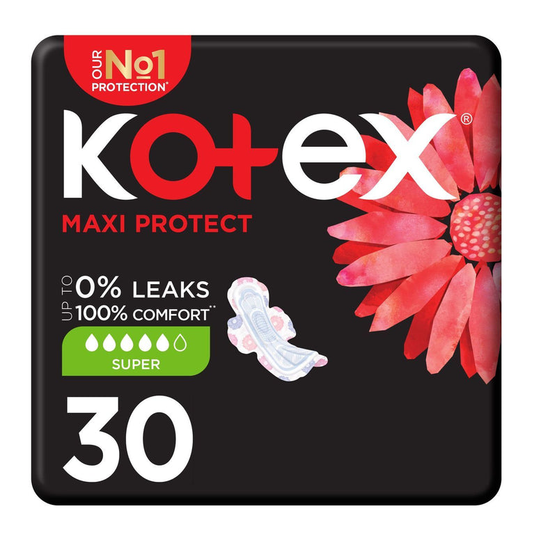 Kotex Maxi Protect Super Pads for Heavy Flow with Wings, 30 Pieces