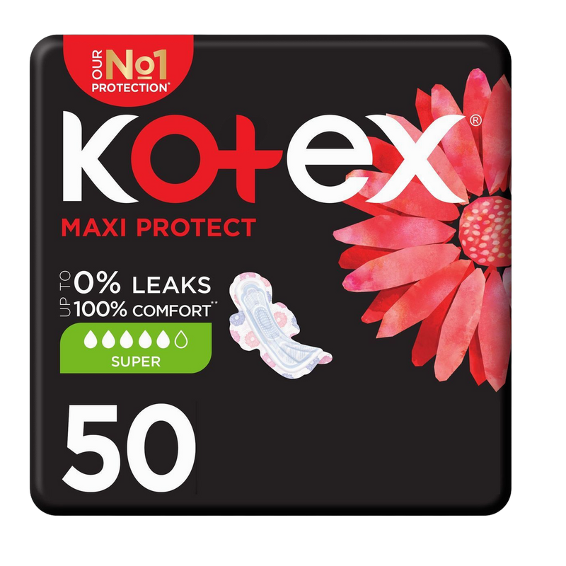 Kotex Maxi Protect Super Pads for Heavy Flow with Wings, 50 Pieces