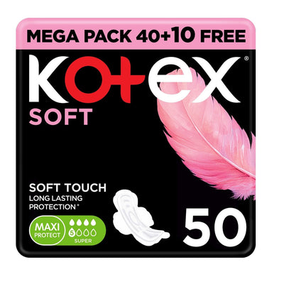 Kotex Soft Maxi Protect Super Size Sanitary Pads with Wings, Feather-Touch Softness, 50 Pads