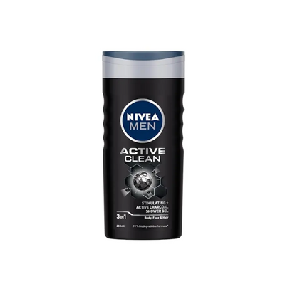 NIVEA Men Active Clean Shower Gel with Active Charcoal for Body, Face & Hair, 250ml