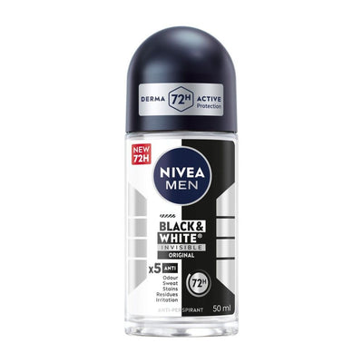 NIVEA Men Black & White Invisible 5in1 Original 48H Antiperspirant Roll-On Deodorant, 50ml
