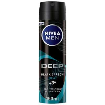 NIVEA Men Deep Beat Black Carbon 48H Antitranpirant & Antibacterial Deodorant Spray, 150ml