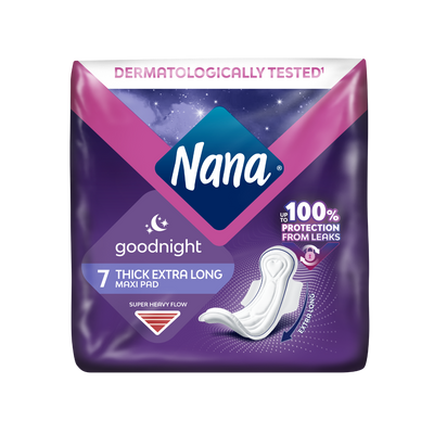 Nana Goodnight Extra Long Maxi Thick Pads with Wings for Super Heavy Flow, 7 Pieces
