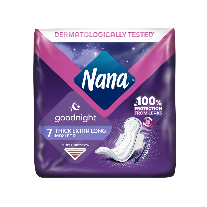 Nana Goodnight Extra Long Maxi Thick Pads with Wings for Super Heavy Flow, 7 Pieces