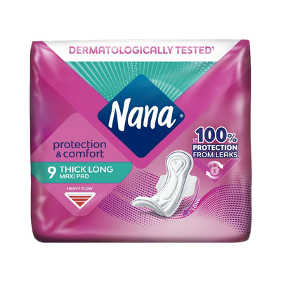 Nana Protection & Comfort Long Maxi Thick Pads, 9 Pads