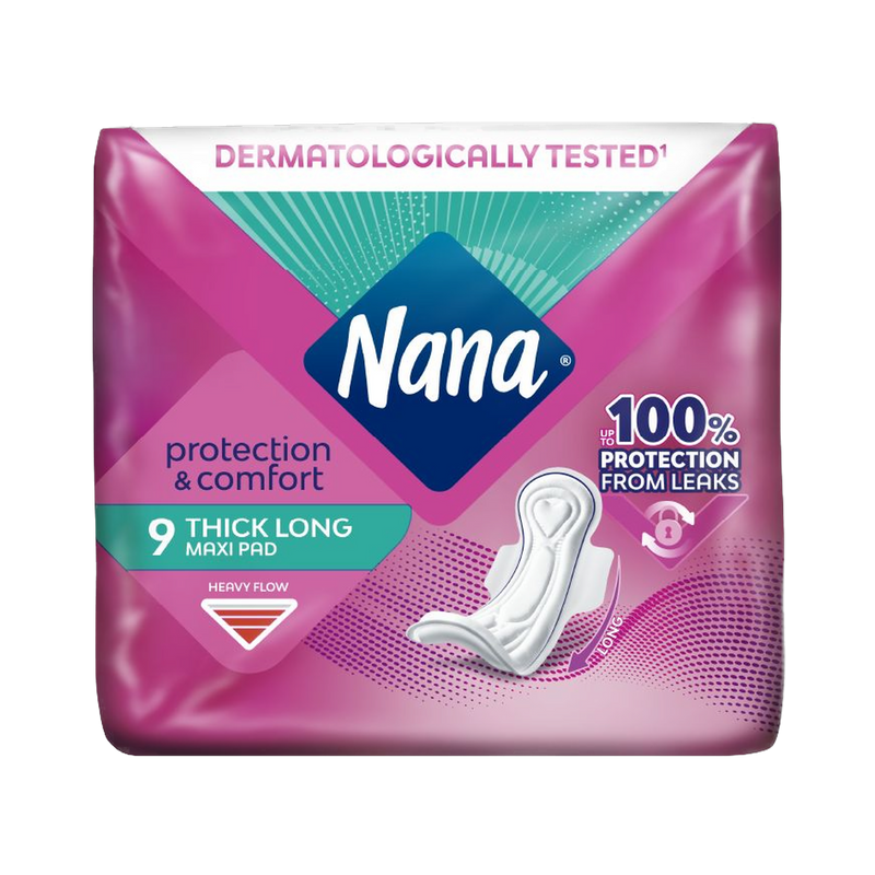 Nana Protection & Comfort Long Maxi Thick Pads, 9 Pads