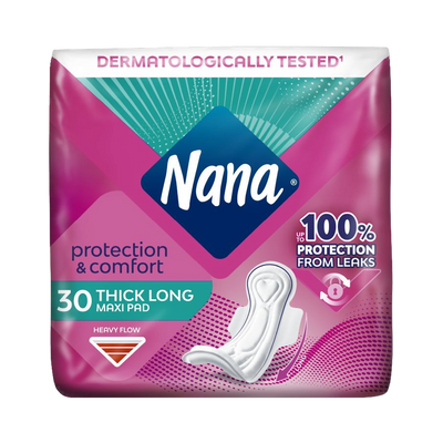 Nana Protection & Comfort Maxi Thick Long Pads with Wings for Heavy Flow, 30 Pieces