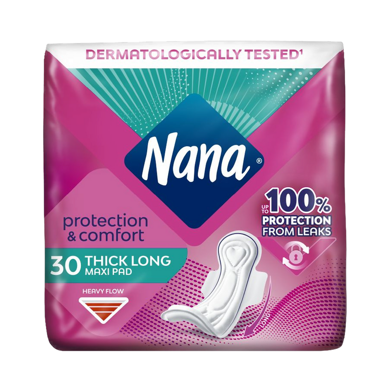 Nana Protection & Comfort Maxi Thick Long Pads with Wings for Heavy Flow, 30 Pieces