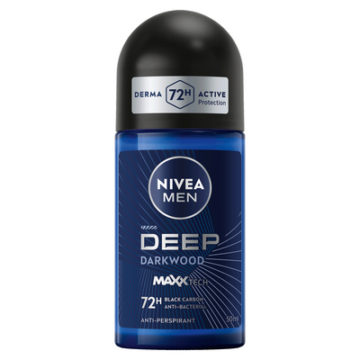 Nivea Deep Black Carbon Antibacterial Dark Wood Scent Antiperspirant Deodorant Roll-On for Men, 50ml