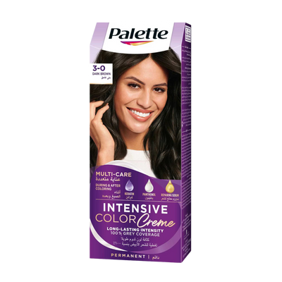 Palette Intensive Permanent Hair Color Cream with Keratin, Panthenol & Repairing Serum Dark Brown 3-0, 1 Pack