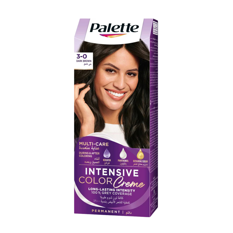 Palette Intensive Permanent Hair Color Cream with Keratin, Panthenol & Repairing Serum Dark Brown 3-0, 1 Pack